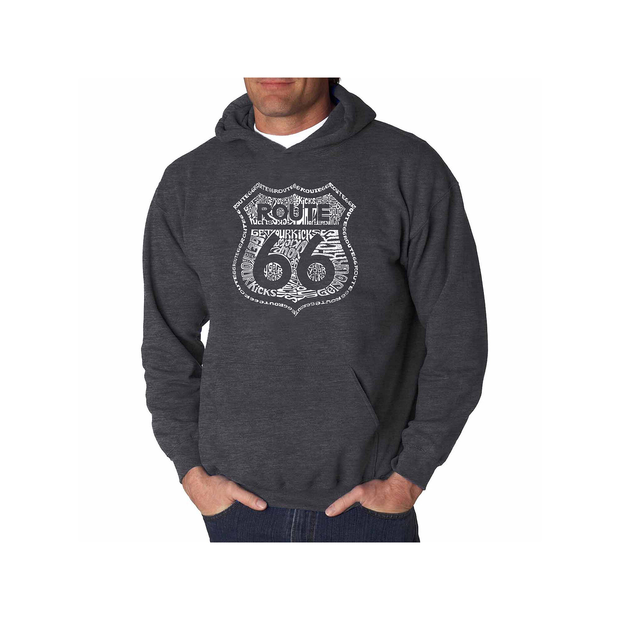 La Pop Art Men's Word Art Hooded Graphic Sweatshirt - Get Your Kicks on Route 66, Grey, Medium