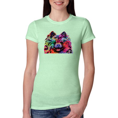 Cute and Colorful Pomeranian Dog Animal Lover Womens Slim Fit Junior Tee  Mint  Medium