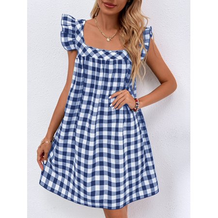 Cute Women S Buffalo Plaid Ruffle Trim Dress Without Belt 2022 Blue and White M(6) S063008X