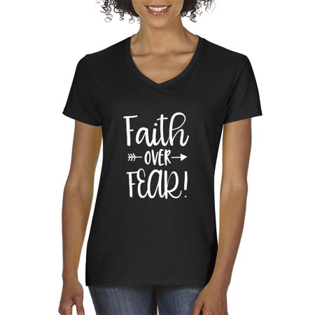 Source One 1253 - Women S V-Neck T-Shirt Faith Over Fear Script Small Black