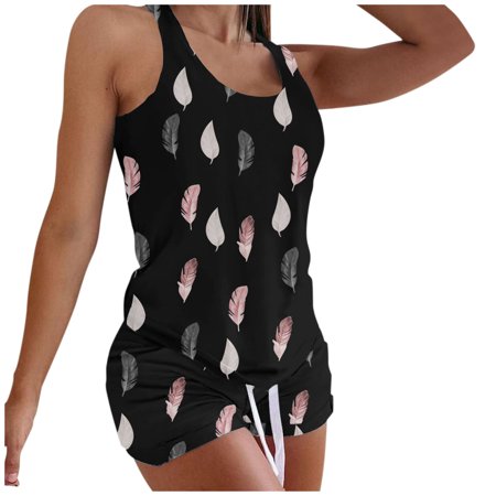 Roliyen Women Printing Sleeveless Set Casual Vest Two-Piece Suit