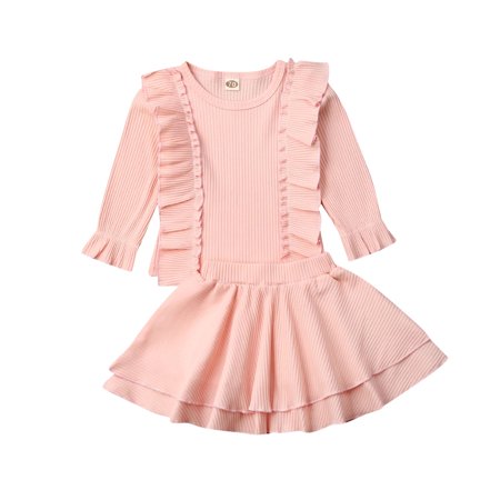 LA HIEBLA Baby Girl 2 Pieces Outfit  Knit Ruffle Long Sleeve Tops + Elastic Waist a-line Skirts Solid Color Set
