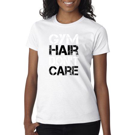 True Way 1455 - Women S T-Shirt Gym Hair Don T Care Workout Exercise Fitness Health 2XL White