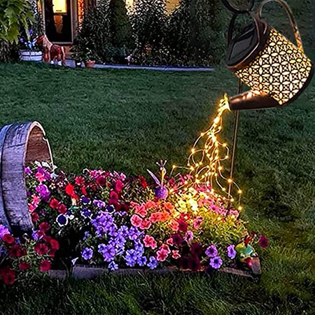 Solar Watering Can with Cascading Lights Outdoor Yard Decoration Waterproof Decorative Watering Can for Fairy Garden Lawn Path Yard Patio Art Romantic