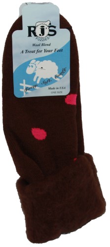 Cloud Nine / RJ's Fuzzies Authentic Wool Bed Socks 1 Pair, Chocolate W/ Pink Dot