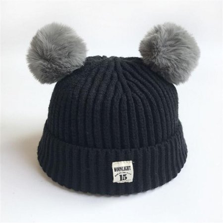 MEROTABLE Winter Baby Hat Cute Ear Cotton Ball Kids Knitted Beanies Hat Black