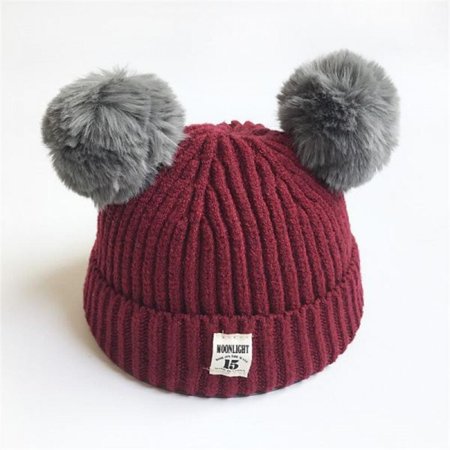 MEROTABLE Winter Baby Hat Cute Ear Cotton Ball Kids Knitted Beanies Hat Wine Red