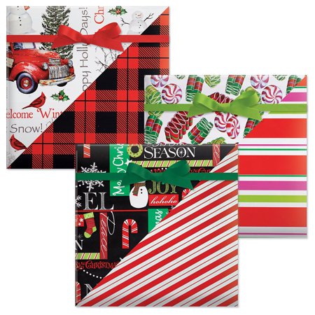 CHRISTMAS WRAP VALUE PACK! Truck  Ribbon Candy and Chalk It up Jumbo Rolled Gift Wrap - 3 Giant Double Sided Rolls  23 Inches Wide by 32 Feet Long Eac