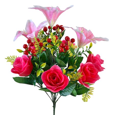 XunW Artificial Lily Rose Flower Bush Sacrificial Flowers with 27 Red Beans