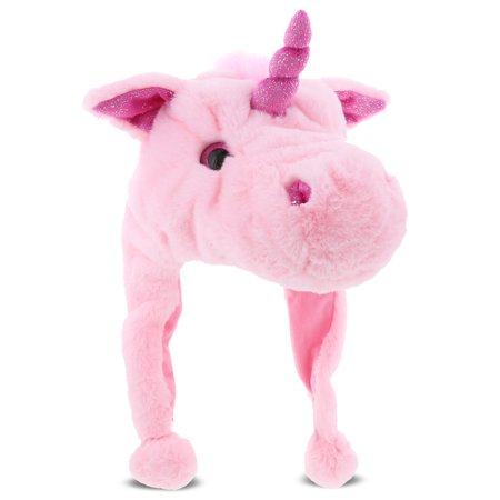 DolliBu Pink Unicorn Plush Hat - Soft  Warm Hat with Ear Flaps  Funny Plush Party Crazy Hat  Stuffed Animal Halloween Costume Accessory  Cozy Fleece W