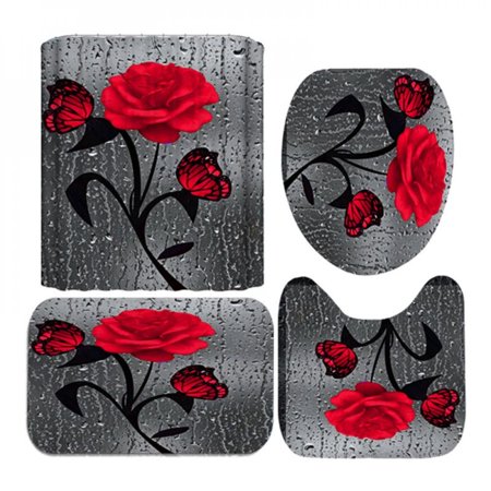 MEROTABLE 4 Pieces/Set Home Toilet Pad Cover Bath Mat Shower Curtain Set Shower Curtain B 180*180CM