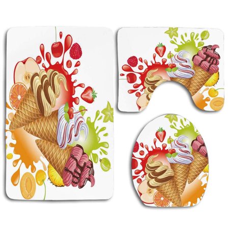 PUDMAD Ice Cream Various Flavor Summer Dessert Peach Apricot Strawberry Sorbet 3 Piece Bathroom Rugs Set Bath Rug Contour Mat and Toilet Lid Cover