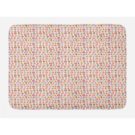Dessert Bath Mat  Confectionary Pattern of Pretzels and Candies on Pinky Polka Dotted Background  Plush Bathroom Decor Mat with Non Slip Backing  29.5