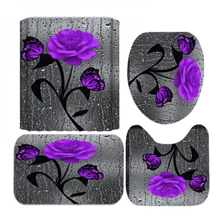 MEROTABLE 4 Pieces/Set Home Toilet Pad Cover Bath Mat Shower Curtain Set Shower Curtain E 180*180CM