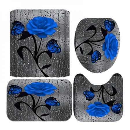 MEROTABLE 4 Pieces/Set Home Toilet Pad Cover Bath Mat Shower Curtain Set Shower Curtain D 180*180CM