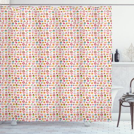 Dessert Shower Curtain  Confectionary Pattern of Pretzels and Candies on Pinky Polka Dotted Background  Fabric Bathroom Set with Hooks  69W X 70L Inch