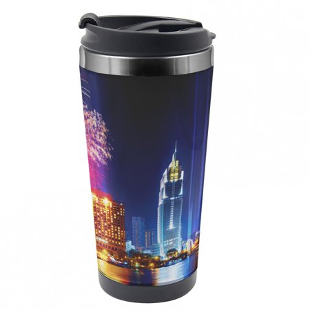 City Travel Mug  Fireworks in Ho Chi Minh City  Steel Thermal Cup  16 Oz  by Ambesonne