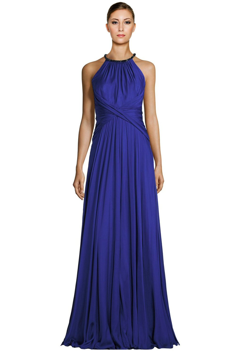 Carmen Marc Valvo Embellished Halter Silk Chiffon Evening Gown