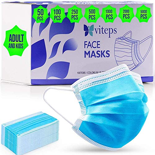 VITEPS Disposable Face Masks 3 Ply Protective Face Shields (50)