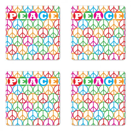 Retro Coaster Set of 4  Colorful Internationally Recognized Peace Sign Letters Counter Culture Print  Square Hardboard Gloss Coasters  Standard Size  