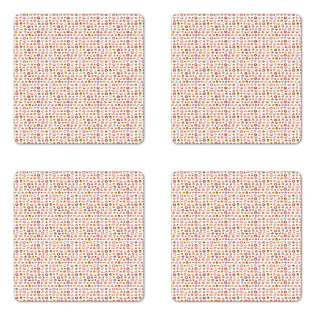 Dessert Coaster Set of 4  Confectionary Pattern of Pretzels and Candies on Pinky Polka Dotted Background  Square Hardboard Gloss Coasters  Standard Si