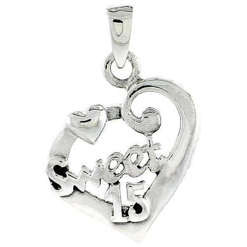 Sterling Silver Quinceanera 15 Anos Fancy Heart Cut-out Charm, 7/8 Inch Wide