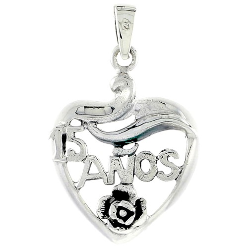 Sterling Silver Quinceanera 15 Anos Heart Cut-out W/ Rose Charm, 1 Inch Wide