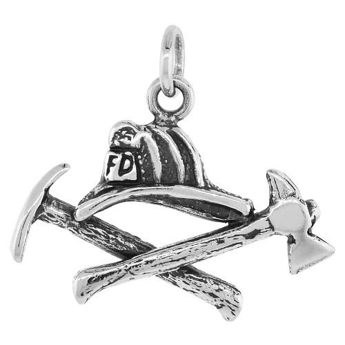 Sterling Silver Fireman Helmet Pick and Axe Charm, 1 1/16 Inch Wide