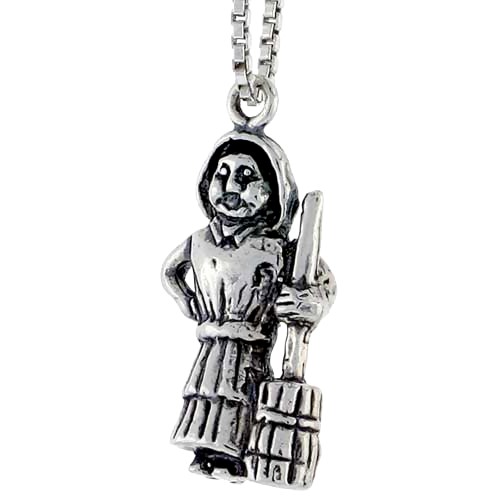 Sterling Silver Old Woman W/ Broomstick Charm, 3/4 Inch Tall