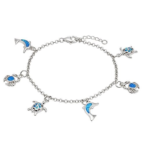 Sterling Silver 7.5' Blue Opal Sealife Charm Bracelet