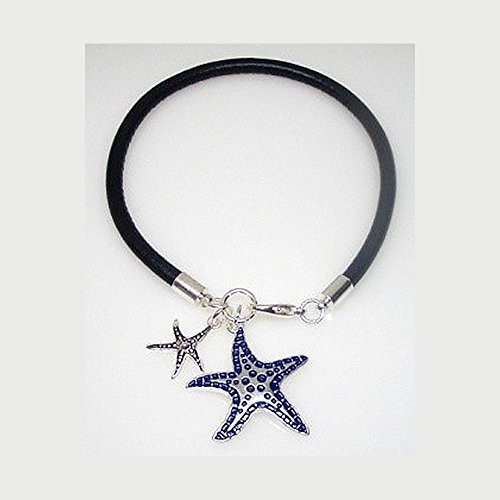 Coastal Love Dangle Charm Leather Cord Bracelet (Two Starfish)