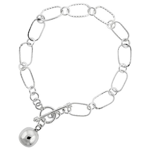 Sterling Silver Ball Rectangular Link Toggle Charm Bracelet, 7.5 Inches Long