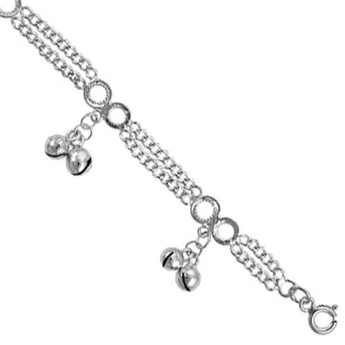 Sterling Silver Charm Bracelet with Dangling Bells, Fits 8 - 9 Inch Wrists