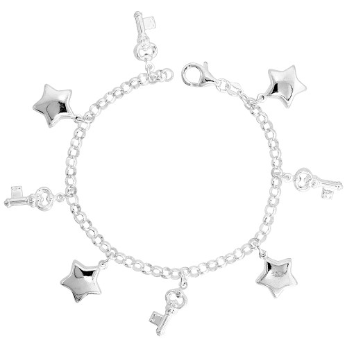 Sterling Silver Keys & Puffy Stars Charm Bracelet, 7/8' (22 Mm) Wide
