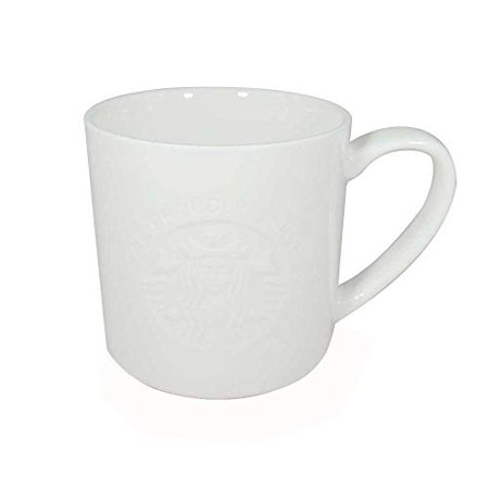 Starbucks We Proudly Serve White Embossed Logo Coffee Mug Cup 12 Oz
