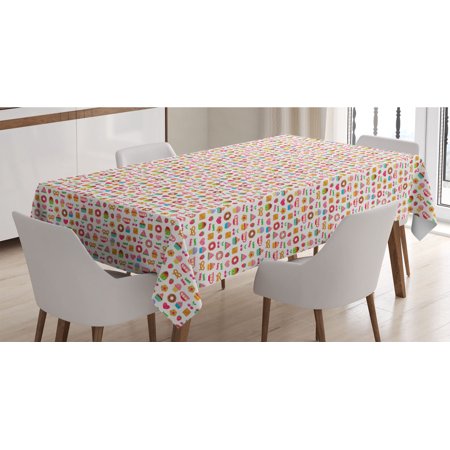 Dessert Tablecloth  Confectionary Pattern of Pretzels and Candies on Pinky Polka Dotted Background  Rectangle Satin Table Cover Accent for Dining Room