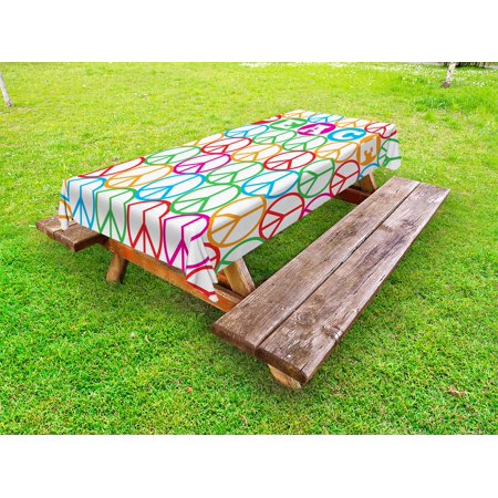 Retro Outdoor Tablecloth  Colorful Internationally Recognized Peace Symbol Sign with Letters Counter Culture Print  Decorative Washable Fabric Picnic 