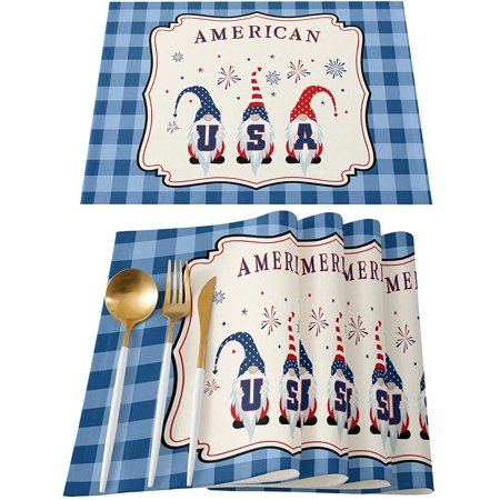 Independence Day Placemats for Dining Table USA Stars Gnomes July 4th Holiday Table Mats Set of 6 Blue Buffalo Check Plaid Table Decoration Banquet Ki