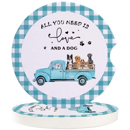 FMSHPON Retro Truck with Puppy Blue Buffalo Plaid Set of 6 Car Coaster for Drinks  Absorbent Ceramic Stone Coasters Cup Mat with Cork Base for Home Ki