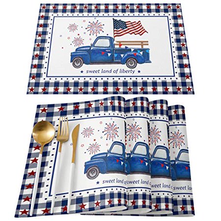 Independence Day Placemats Set of 6 Cotton Linen Heat Resistant Table Mats Washable July 4th USA Flag Truck Blue Red Stars Plaid Buffalo Placemat for 