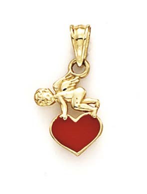 14k Yellow Gold Enamel Heart Angel Pendant - 1.0 Grams