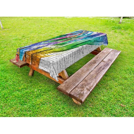 Brick Wall Outdoor Tablecloth  Colorful Grunge Scribbled Drawing on Surface Town Counter Culture Artisan Icon  Decorative Washable Fabric Picnic Table