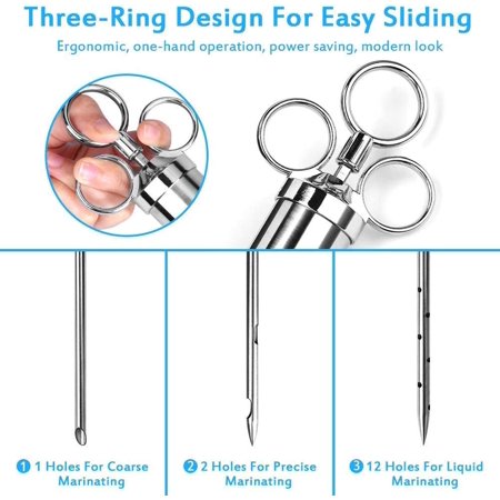 60ml Kitchen Food Syringe with 3 Needles +2 Cleaning Brushes Stainless Steel Marinade Syringe for Chicken Beef Turkey Meat Roast Barbecue (Silver)