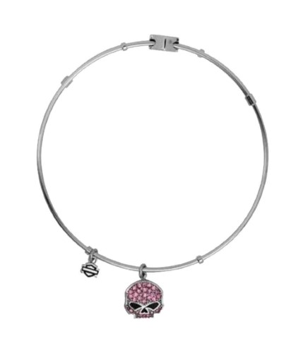 Harley-Davidson Women's Bangle, Pink Bling Willie G Skull Charm Bracelet HSB0042