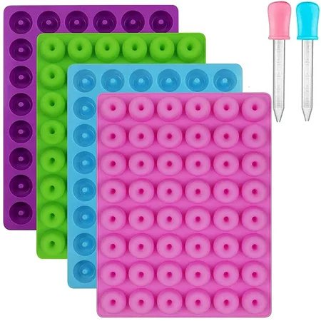 (4 PCS) Donut Silicone Gummy Mold/ Mini Donut Pan/Ring Gummy Candy Mold for Chocolate Jelly Ice Cube Pralines Caramels Ganache Snacks(with 2 Droppers)