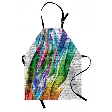 Brick Wall Apron Colorful Grunge Scribbled Drawing on Surface Town Counter Culture Artisan Icon  Unisex Kitchen Bib Apron with Adjustable Neck for Coo