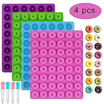 (4 PCS) Donut Silicone Gummy Mold/Mini Donut Pan/Ring Candy Mold for Chocolate Jelly Ice Cube Pralines Caramels Ganache Snacks(with 4 Droppers)