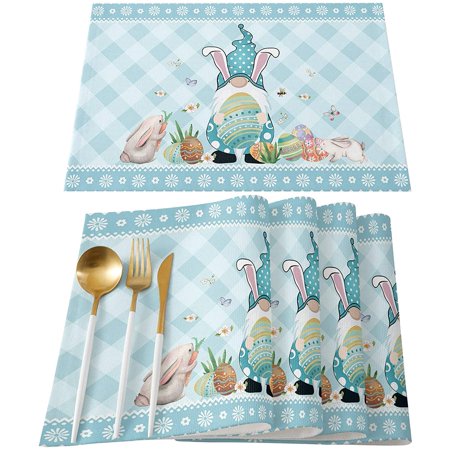 Happy Easter Placemats Set of 6 Easter Gnome Bunny Eggs Flowers Heat Resistant Washable Table Mats Non-slip Stain Resistant Pad Placemat Blue Buffalo 