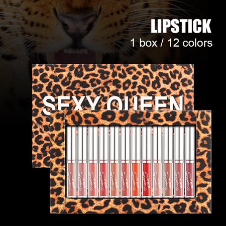 Leopard Print 12 Color Set Box Non-Stick Cup Matte Matte Lip Gloss Set Gift Box One Box 12Pcs/Setvelvet Lip Glaze Matte Texture Easy Coloring Long Las