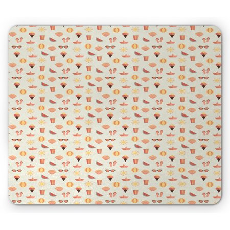 Flip Flop Mouse Pad  Summer Vacation Beach Concept Ice Cream Sunglasses and Watermelon  Rectangle Non-Slip Rubber Mousepad  Salmon Peach and Mustard  